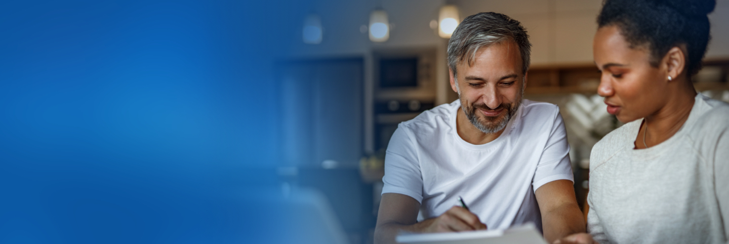 Man helping woman with finances plus blue gradient